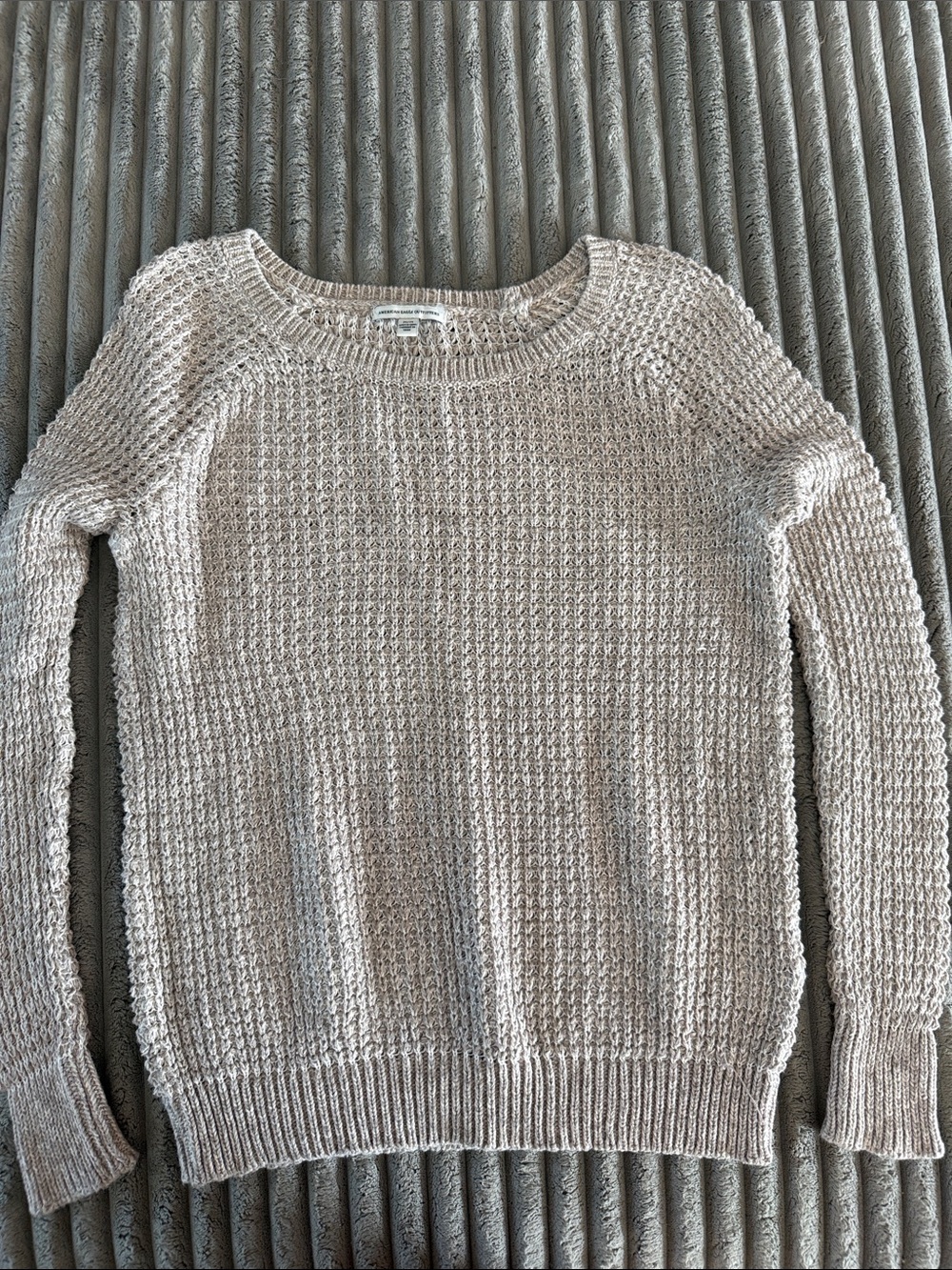 American Eagle Outfitters Beige Cream Waffle-Knit Crewneck Sweater